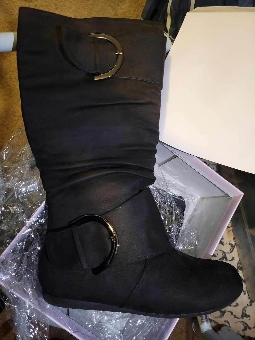 Elegant Black Mid-Calf Heeled Boots with Decorative Buckles